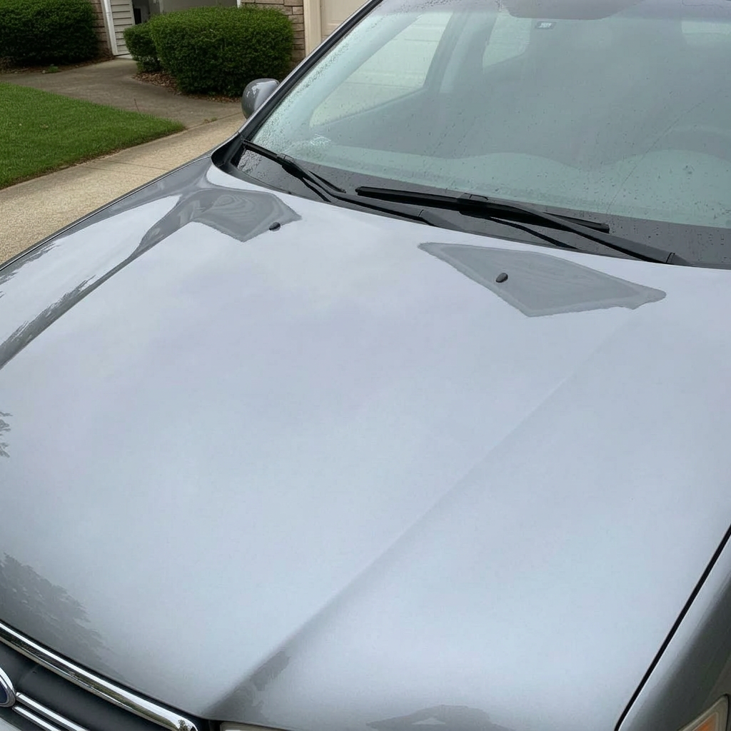 Same car hood with deep glossy ceramic coated finish after detailing