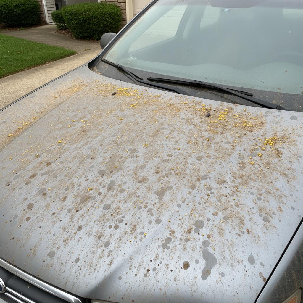 Car hood covered in dirt and water spots before mobile detailing in NEPA