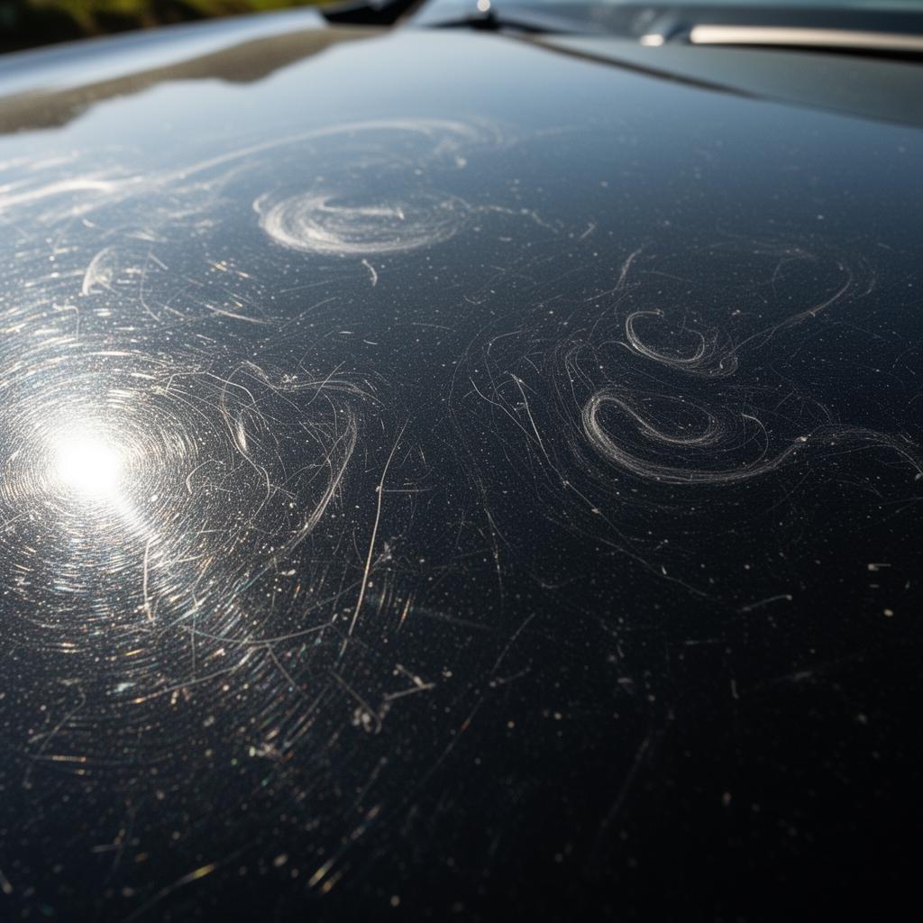 Black car paint with heavy swirl marks and scratches before paint correction