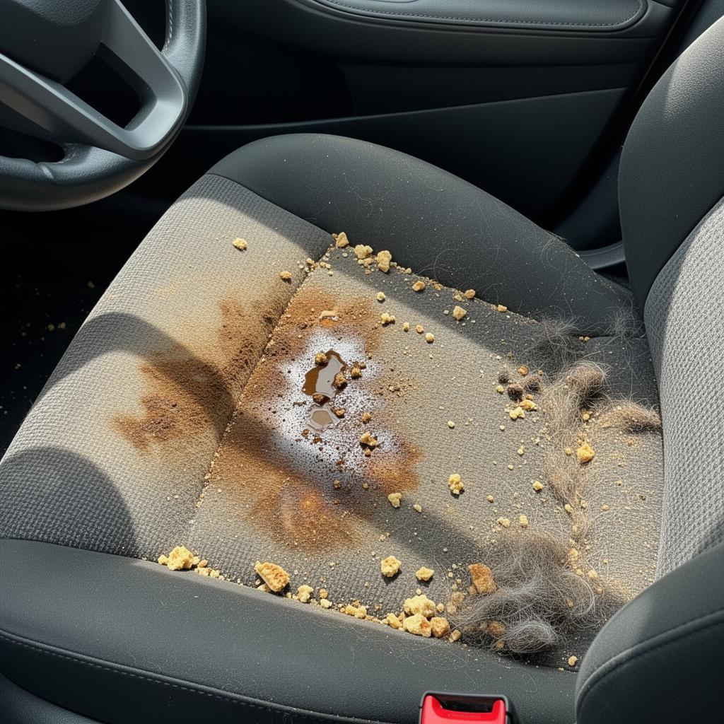 Stained dirty cloth car seat with crumbs and pet hair before interior detailing