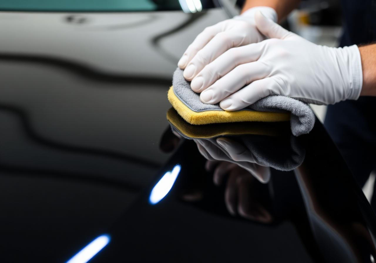 Mobile car detailing technician hand-polishing a glossy black car in Wilkes-Barre, PA